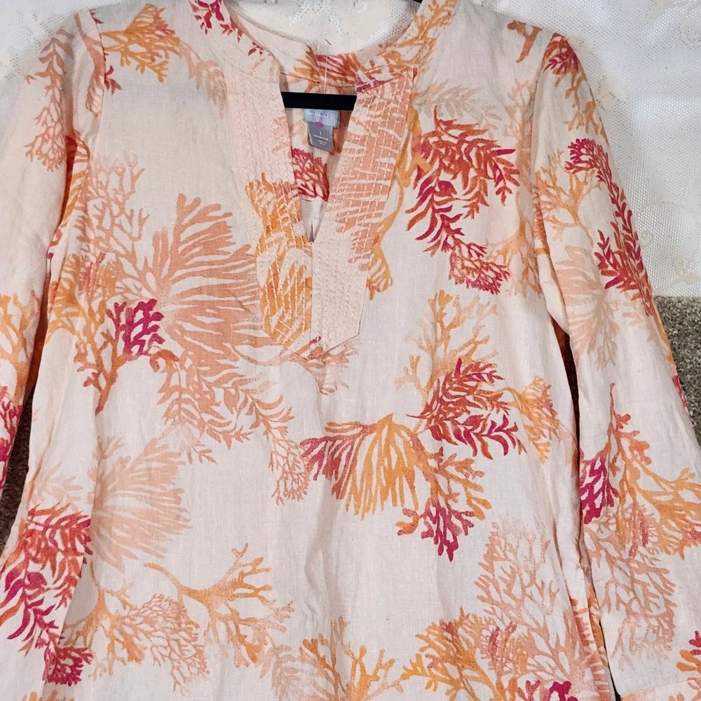 Chico's Tunic Dress Coral Sea Life Print 100% Linen Coastal‎ Resort Size 1 8/10